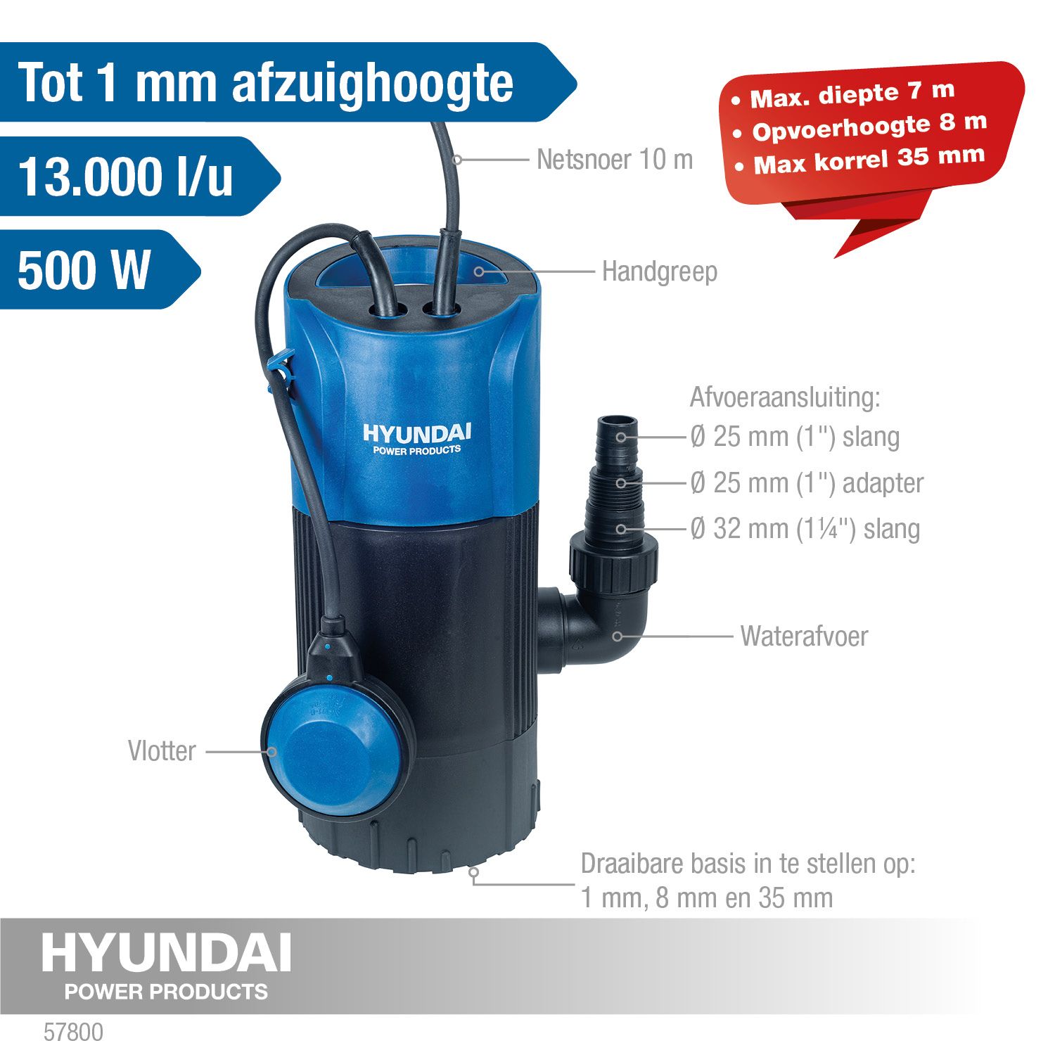 Hyundai vlakzuigpomp 750W - 13.000L